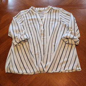 Women's Blue MOOD Blouse XL White Black Striped Roll-Tab Sleeve B1